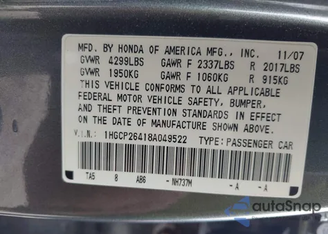 2008 Honda Accord 2.4 Lx-P из США, поврежденный, VIN 1HGCP26418A049522